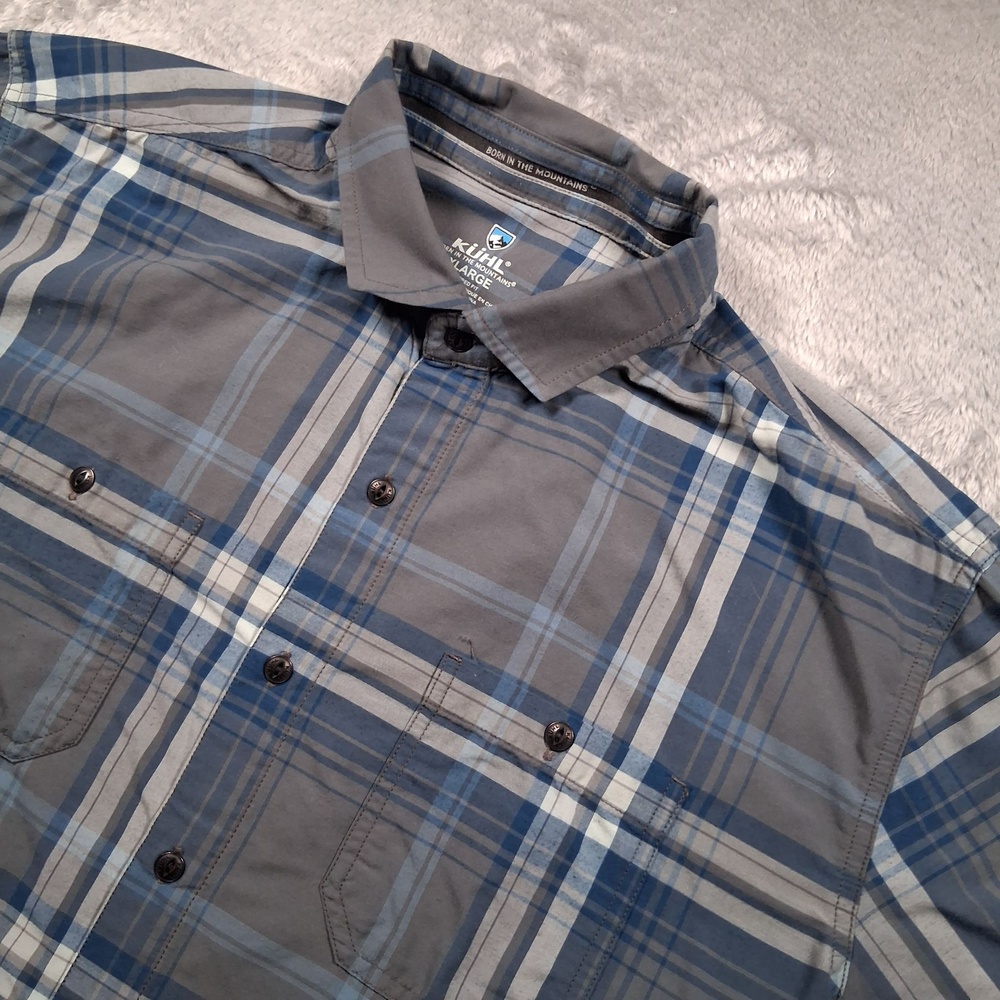 Kuhl Styck Shirt Mens XL Blue Plaid Short Sleeve Button Up Fit Outdoor Hiking